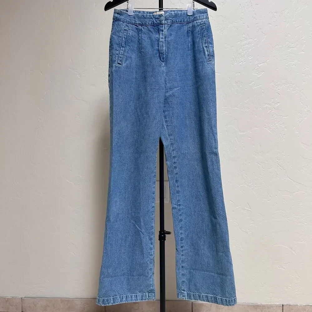 Sezane Martin Cut Jeans High Rise Wide Leg Cotton French Girl Soft Blue 38 US 6